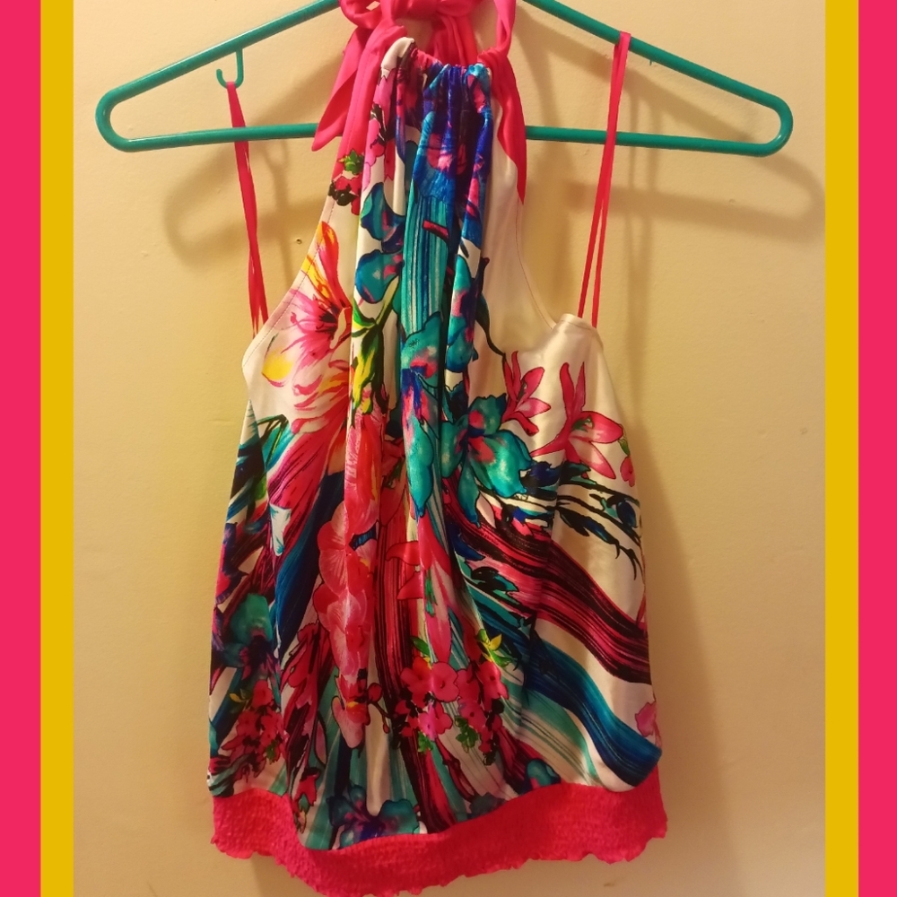 Cache Women's Floral Halter Neck backless silk Top Med Pink Smocked Waist NWT